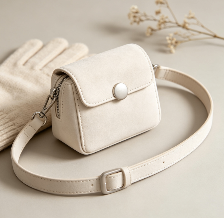 Mini Flap Crossbody Bag in Cream Suede Leather