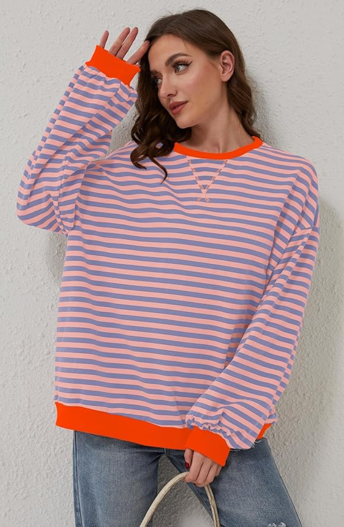 Women Spring Striped Crewneck Sweater