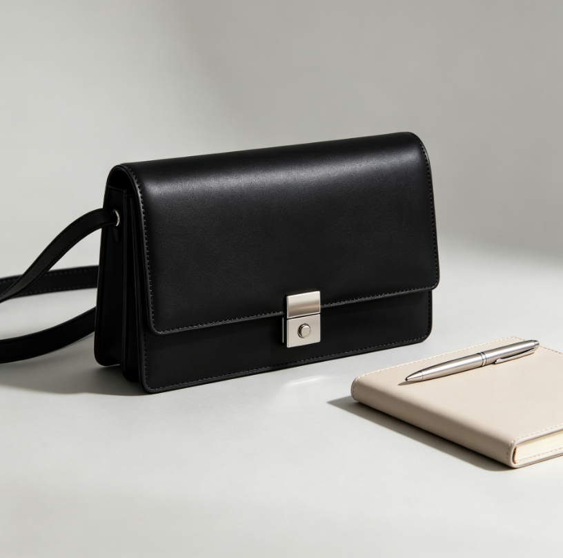 Sleek Black Leather Flap Crossbody Bag Minimal Office Purse