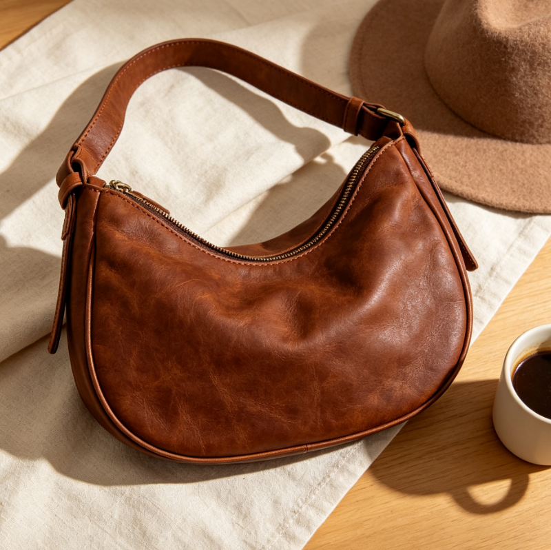 Vintage Brown Leather Hobo Shoulder Crossbody Bag