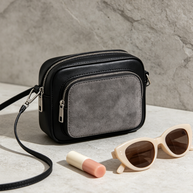 Black & Grey Suede Panel Mini Camera Crossbody Bag