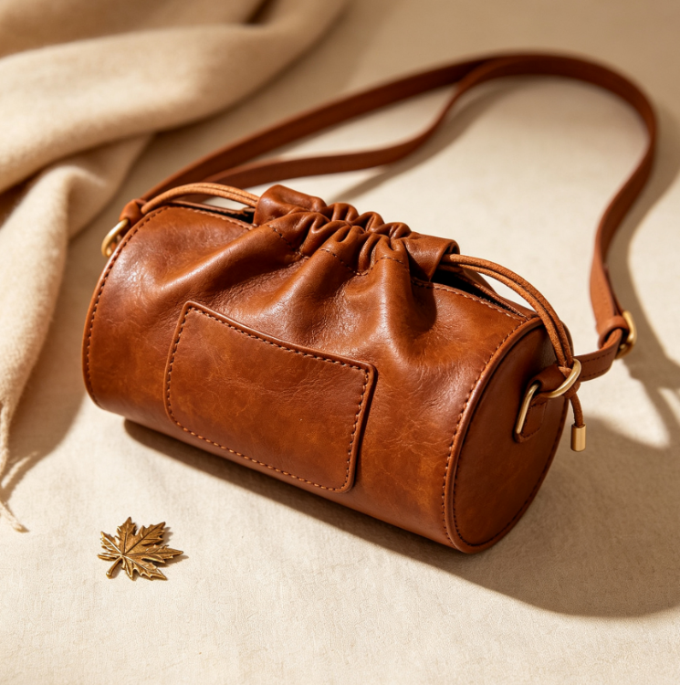 Vintage Brown Leather Cylinder Drawstring Crossbody Bag