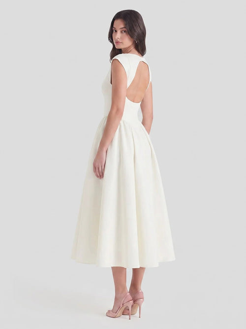Women's Open Back Satin Dress - Formal Tea-Length Midi