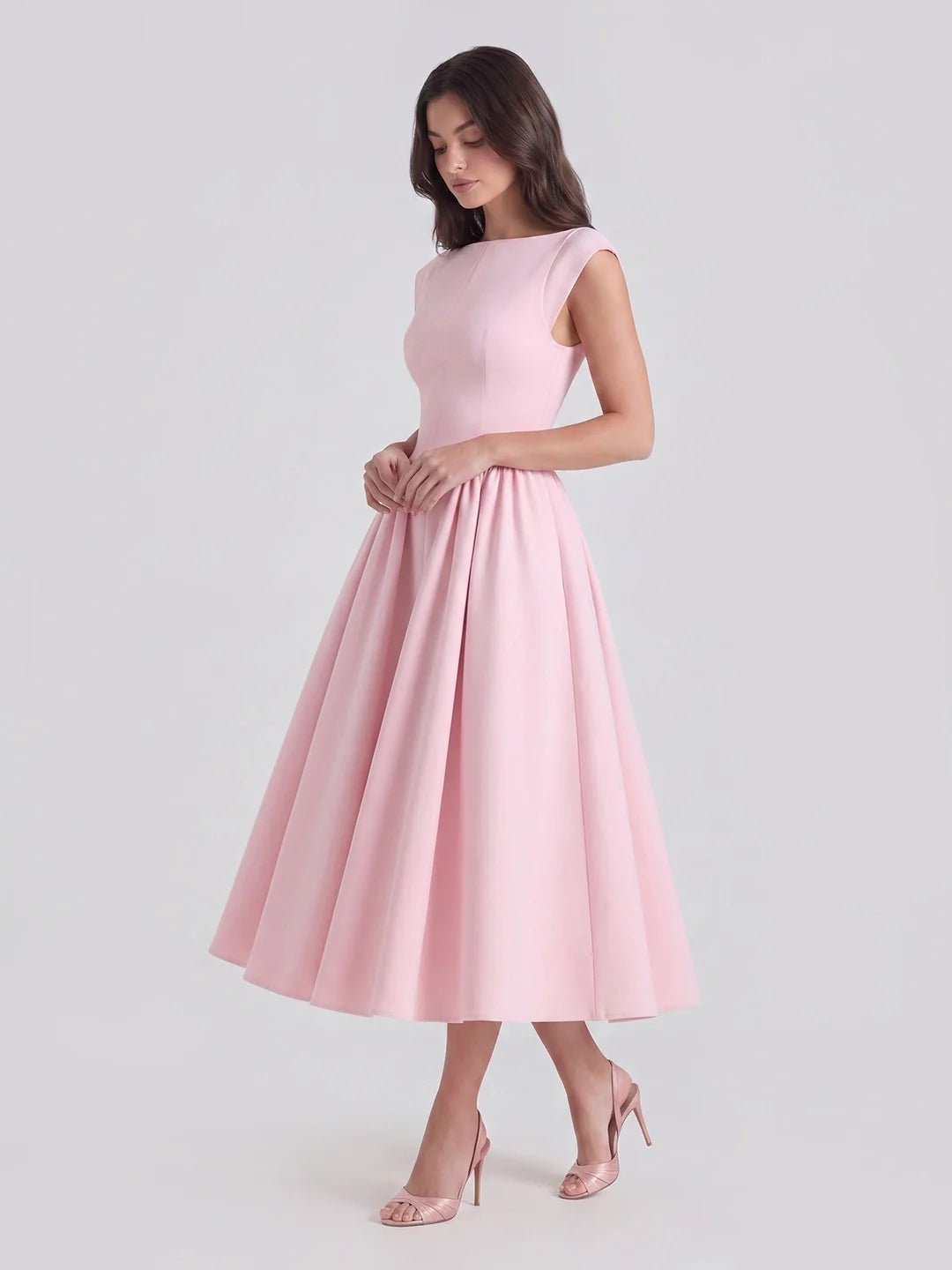 Women's Open Back Satin Dress - Formal Tea-Length Midi