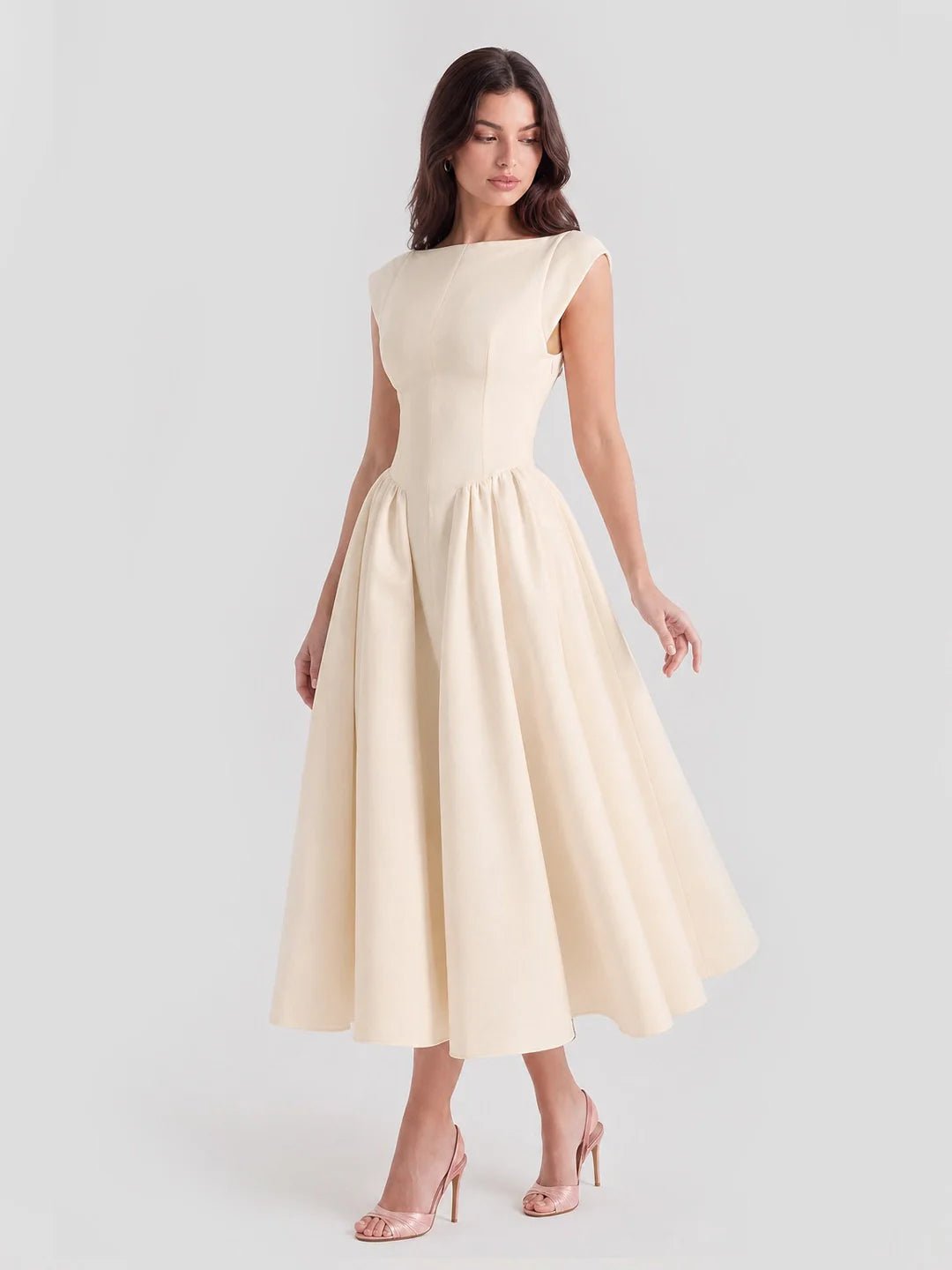 Women's Open Back Satin Dress - Formal Tea-Length Midi