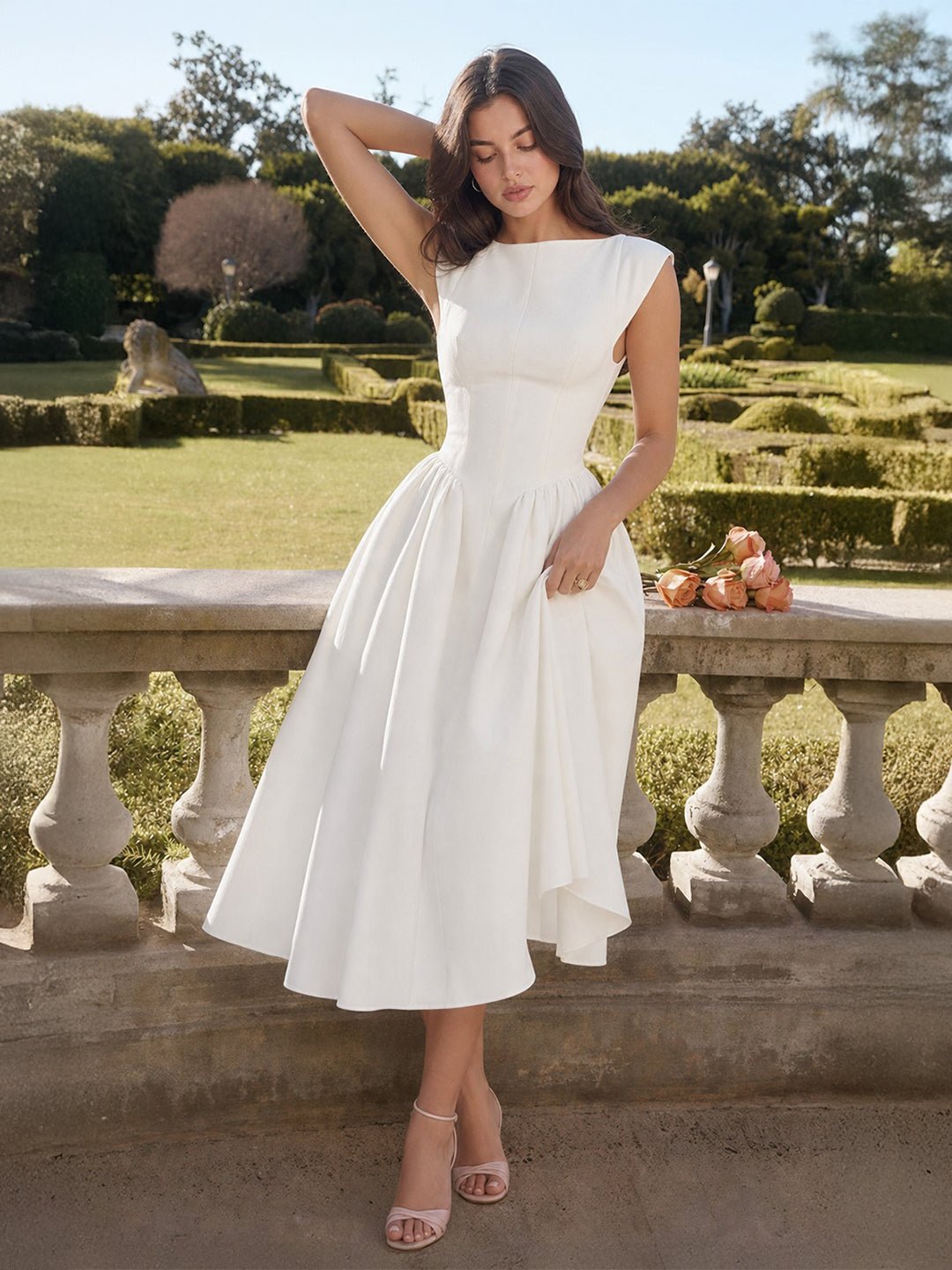 Women's Open Back Satin Dress - Formal Tea-Length Midi