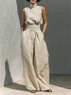 Women's Cotton Linen High-Neck Sleeveless Wide-Leg Two-Piece Set