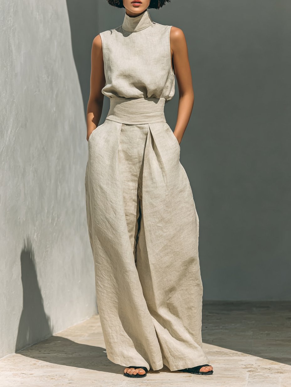 Women's Cotton Linen High-Neck Sleeveless Wide-Leg Two-Piece Set