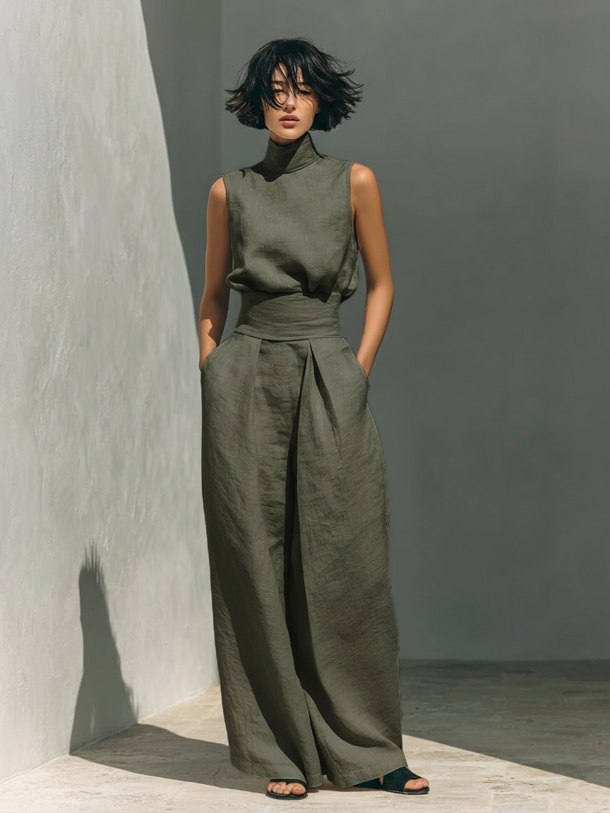 Women's Cotton Linen High-Neck Sleeveless Wide-Leg Two-Piece Set