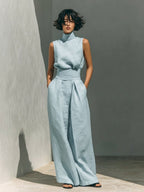 Women's Cotton Linen High-Neck Sleeveless Wide-Leg Two-Piece Set