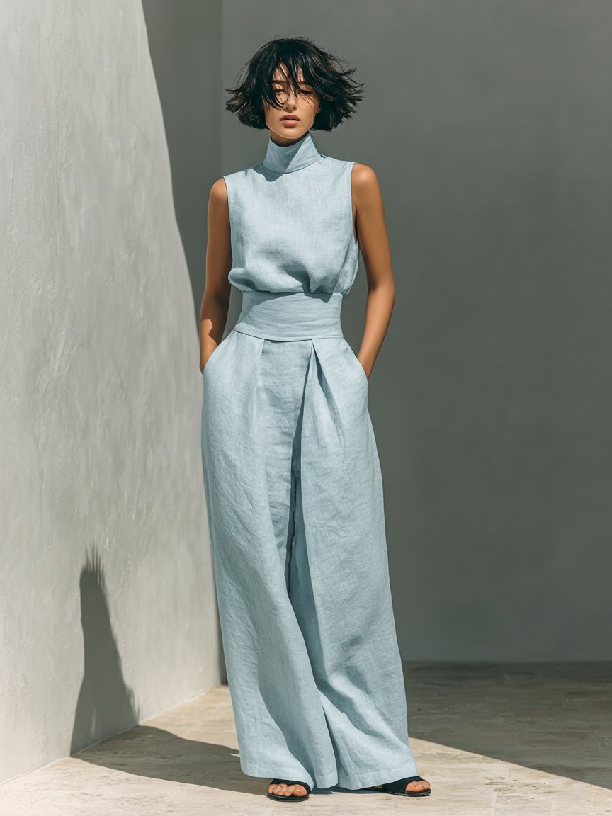Women's Cotton Linen High-Neck Sleeveless Wide-Leg Two-Piece Set
