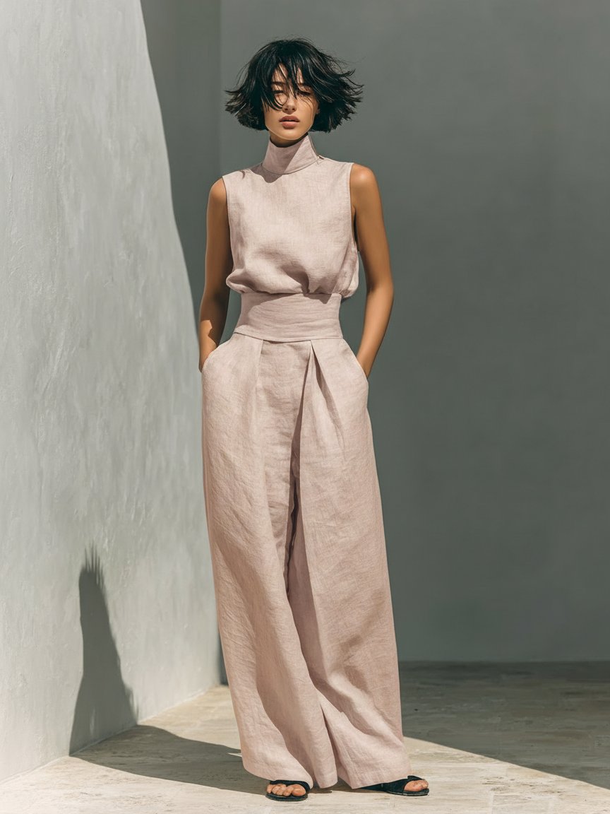 Women's Cotton Linen High-Neck Sleeveless Wide-Leg Two-Piece Set
