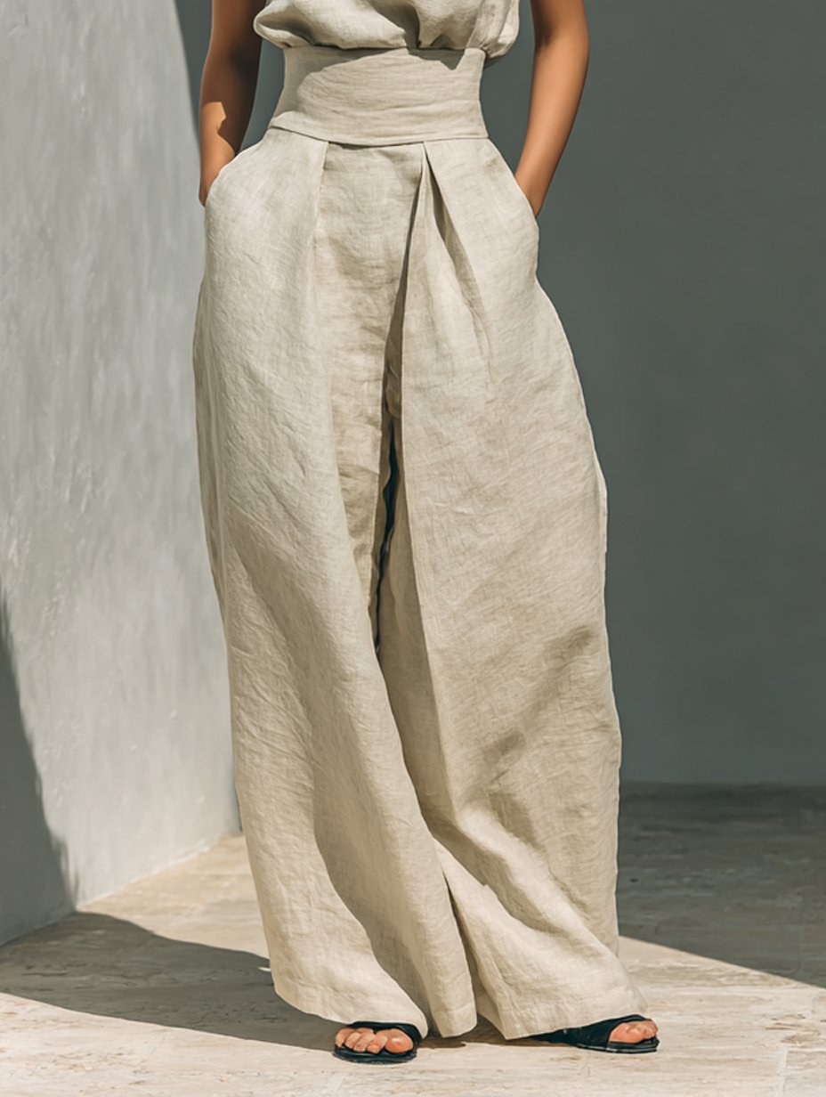 Women's Cotton Linen High-Neck Sleeveless Wide-Leg Two-Piece Set