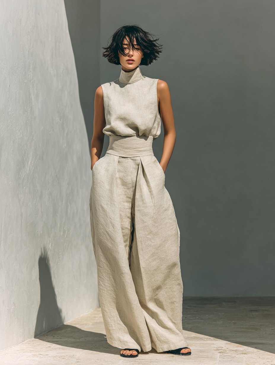 Women's Cotton Linen High-Neck Sleeveless Wide-Leg Two-Piece Set