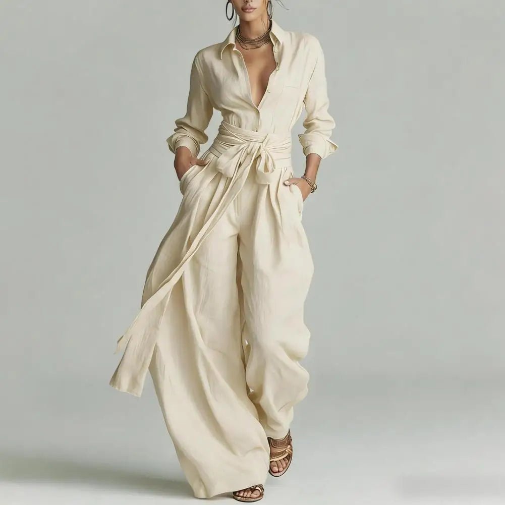Women's Linen Open-Collar Wide-Leg Co-Ord Set