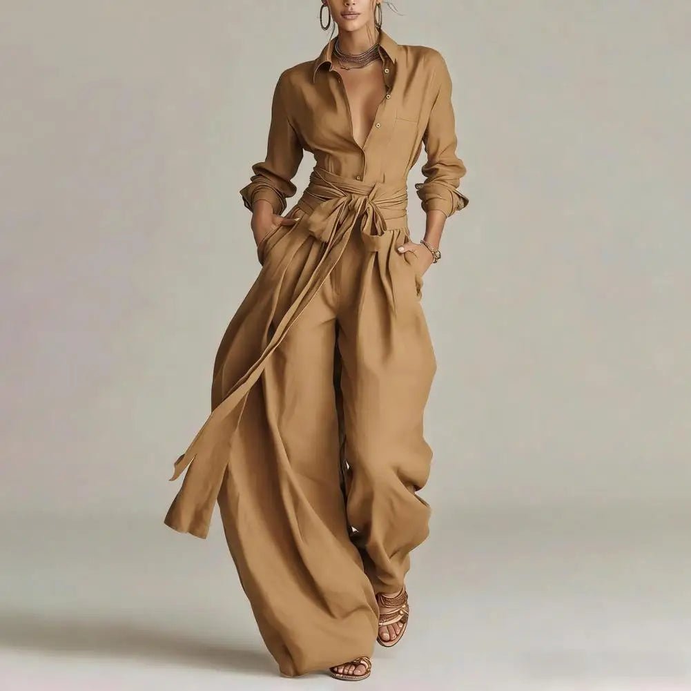 Women's Linen Open-Collar Wide-Leg Co-Ord Set
