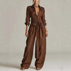 Women's Linen Open-Collar Wide-Leg Co-Ord Set