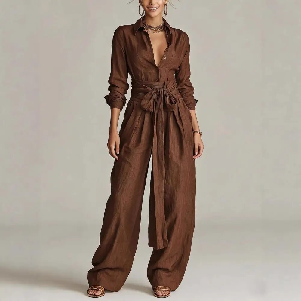 Women's Linen Open-Collar Wide-Leg Co-Ord Set