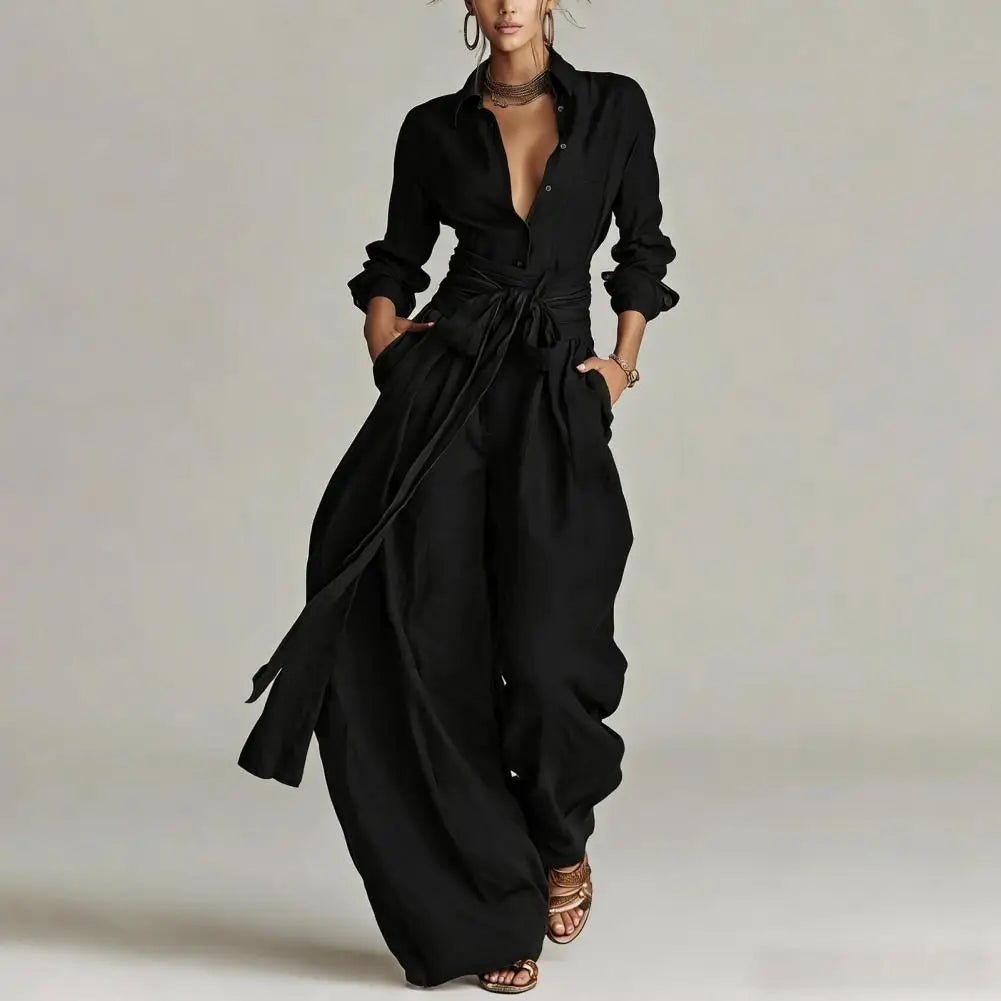 Women's Linen Open-Collar Wide-Leg Co-Ord Set