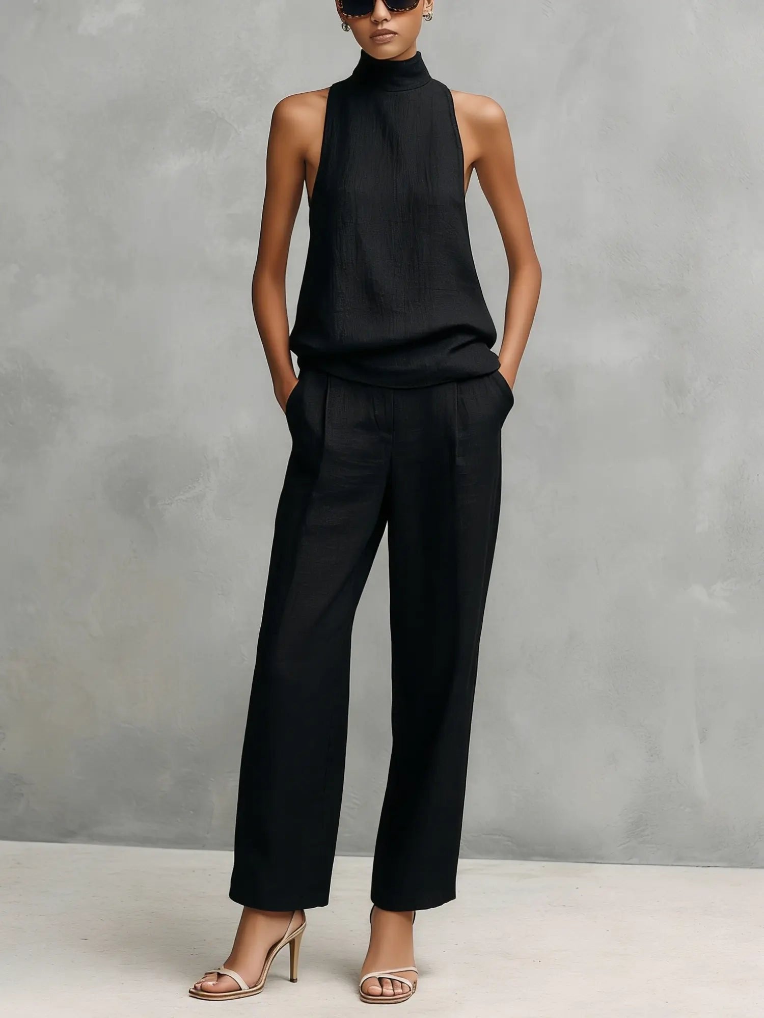 Women's Sleeveless Cotton-Linen Two-Piece Set