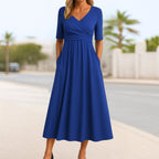 Women's V-Neck Cross-Front Short-Sleeve Midi Dress