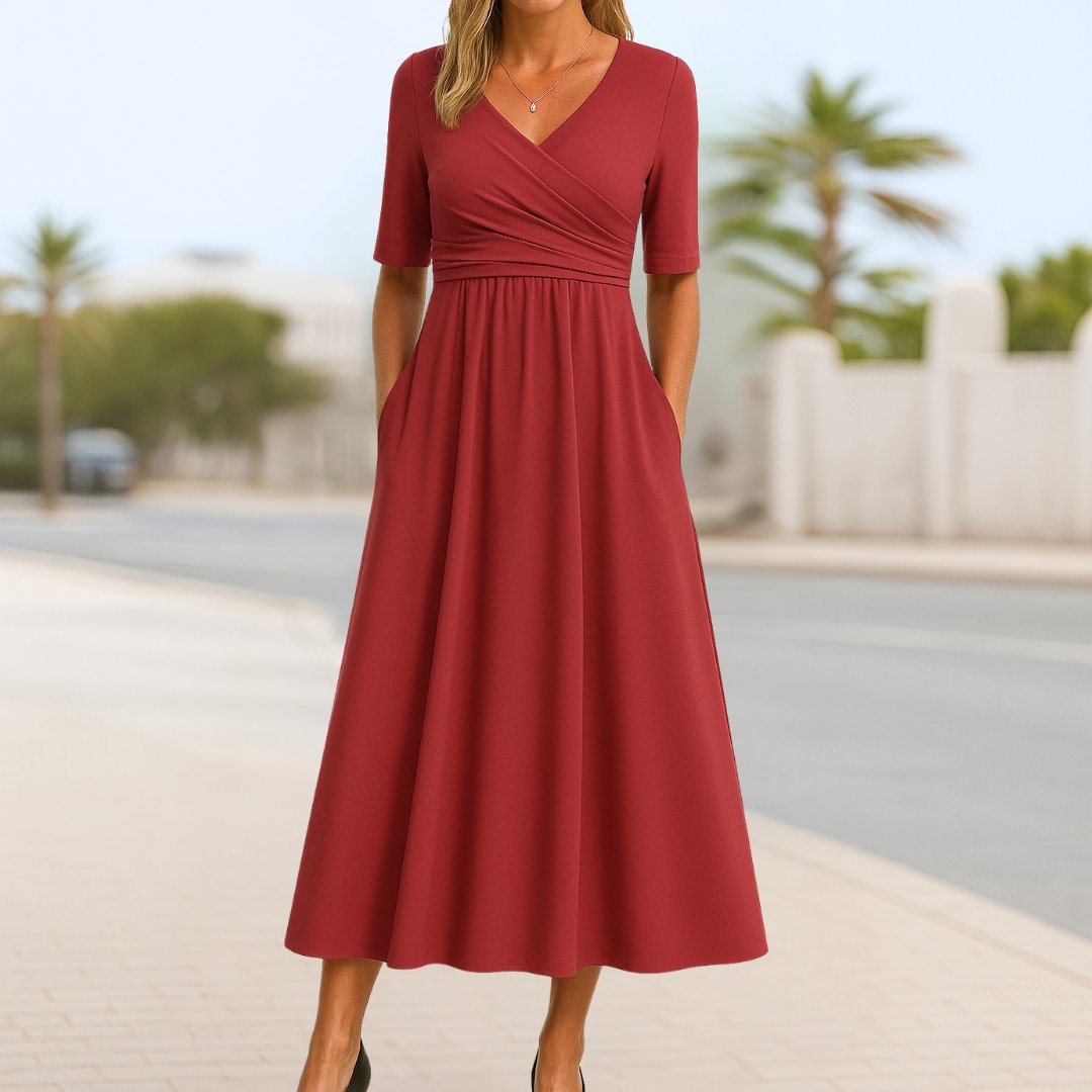 Women's V-Neck Cross-Front Short-Sleeve Midi Dress