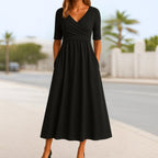 Women's V-Neck Cross-Front Short-Sleeve Midi Dress